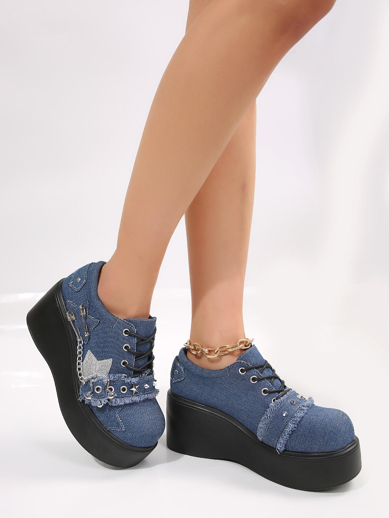Women's Platform Wedge Mary Jane Shoes With Rivet Detail Denim_voghion.com