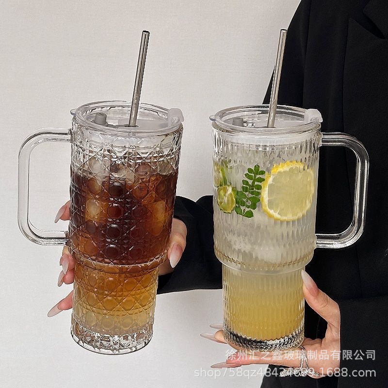 大容量带把手吸管杯夏日玻璃杯水杯上班族高颜值办公室饮料咖啡杯