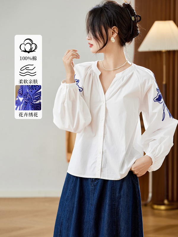 棉茧 绣花白衬衫女长袖2025秋冬装新款灯笼袖宽松上衣纯棉衬衣|undefined