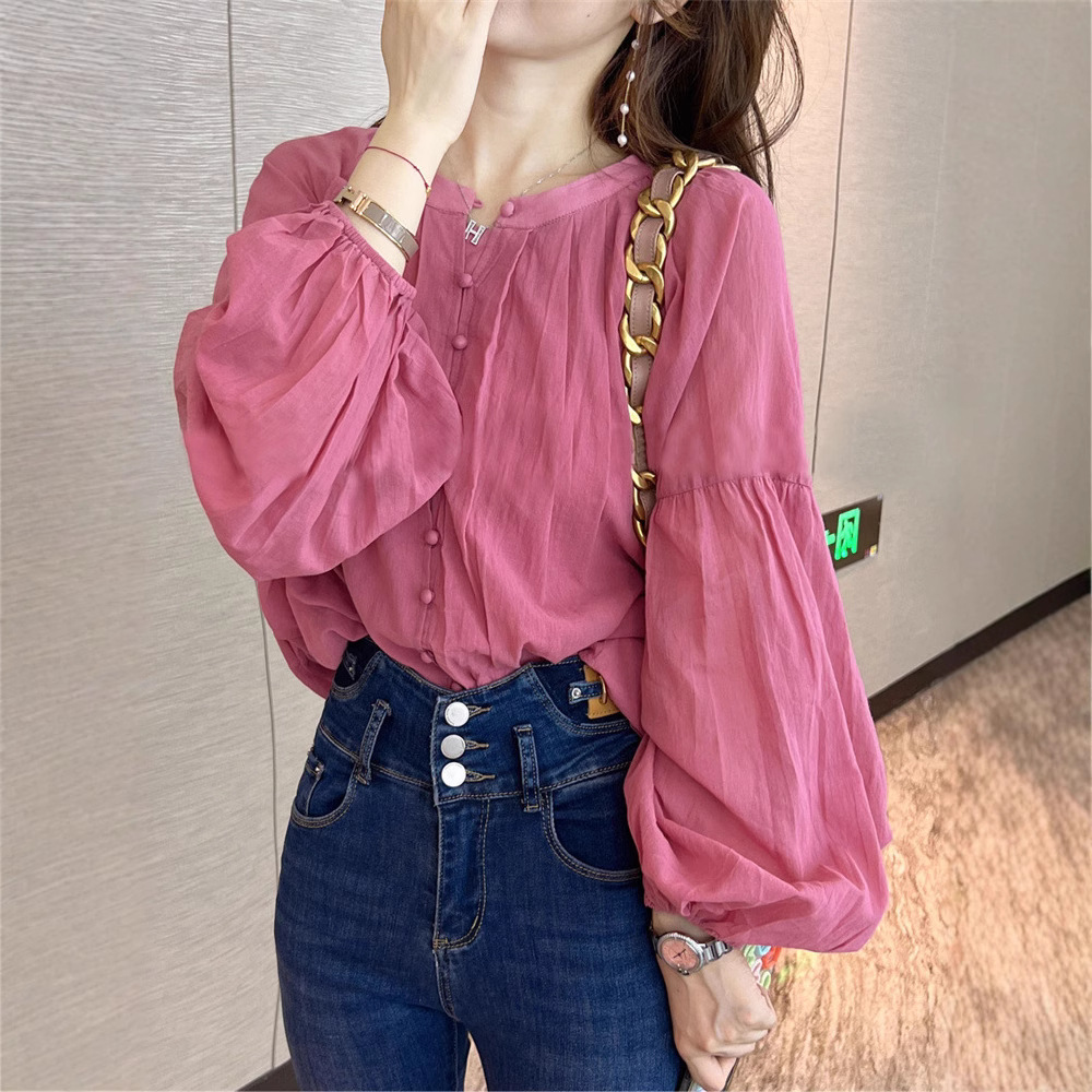 灯笼袖粉色衬衫女春装女2025年新款洋气衬衣女设计感小众雪纺上衣