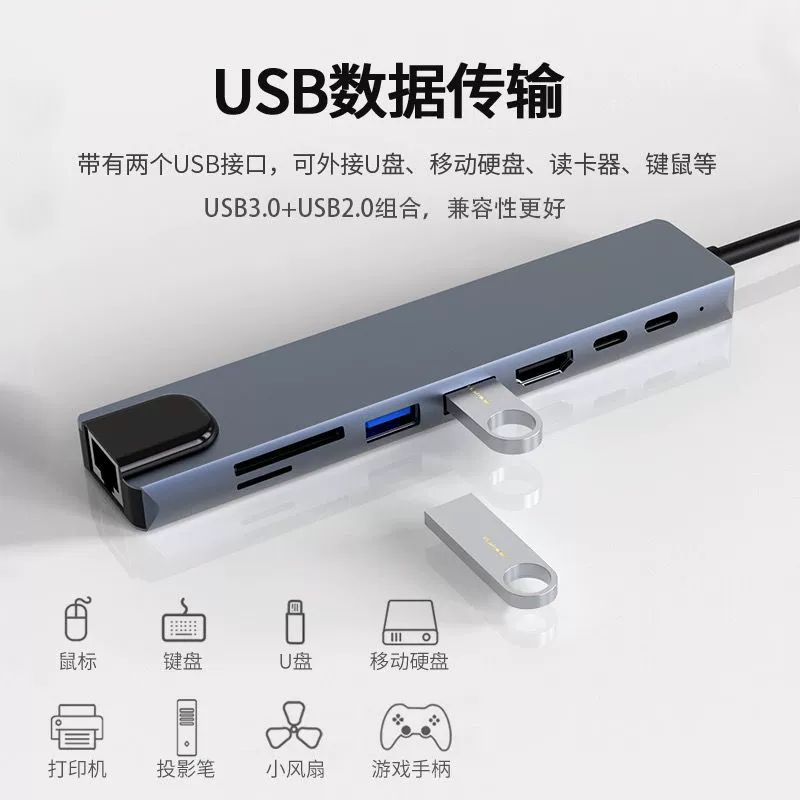 Док-станция Type-C, концентратор USB3.0, конвертер видео 4K, сетевой порт, подключение к USB-накопителю, передача видео высокого разрешения на ТВ