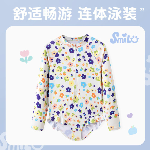 New children's swimsuit, female fungus lace, small fresh floral, long sleeves, belly-covering, conservative one-piece girl and baby swimsuit