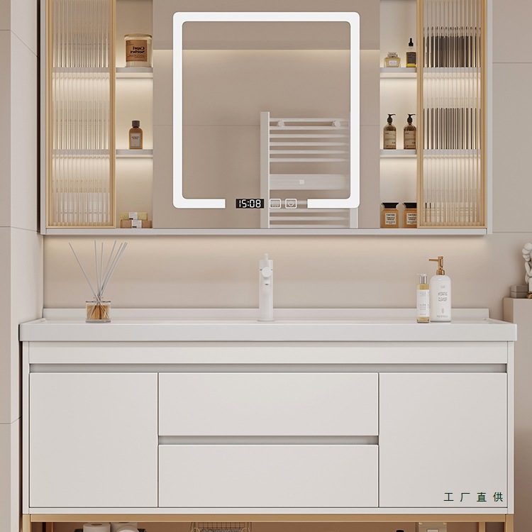 Nordic Cream Style Bathroom Cabinet Simple Ceramic Integrated Basin Solid Wood Smart Wash Basin Cabinet Combination Wash Basin Floor-Standing