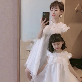 亲子装母女童裙子欧根纱飞袖连衣裙公主裙26夏装新款外贸童装代发