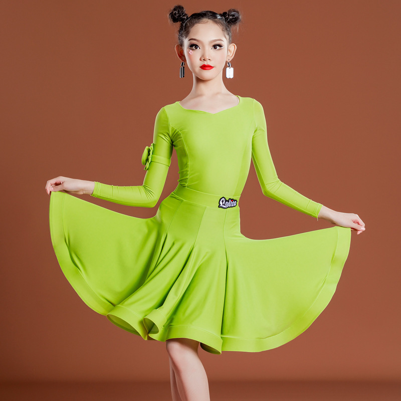 Girls Wine blue pink Green Competition Latin Dance Dresses long sleeves  Latin dance professional uniform full-skirted dress suit art exam employs  regulations