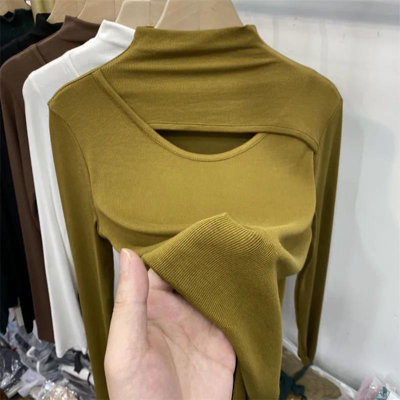 순수한 욕망 스타일 단색 디자인 센스 할로우 반 높이 칼라 긴팔 티셔츠 여성 의류 가을 겨울 내베이스 셔츠 최고 여성 패션