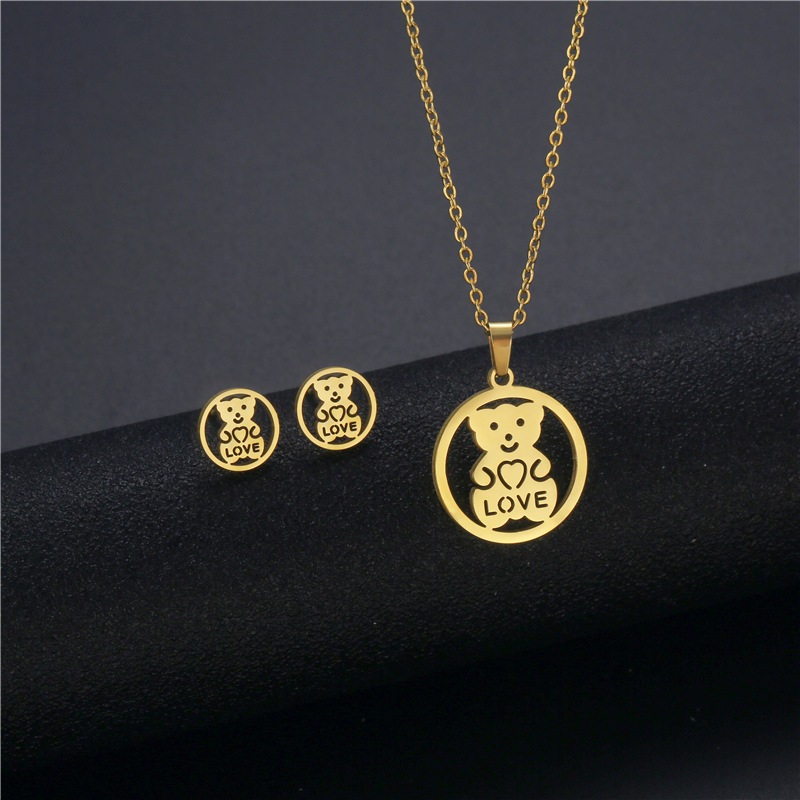 EU and South Korea Bear Pendant Female Titanium Steel Necklace Gold-Plated Niche Bear Necklace and E
