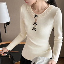 2025秋冬圆领重工蕾丝边重工钉珠加厚打底针织衫女设计感长袖上衣