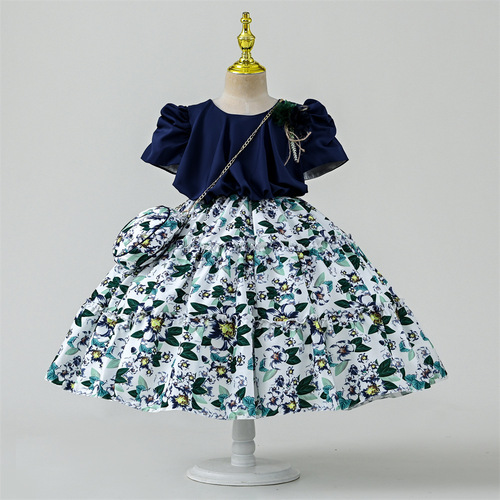 Summer Girls' Dress Children's Wholesale Korean Girls Fashion Show Performance Clothing Printed Short Sleeve Children's Princess Dress
