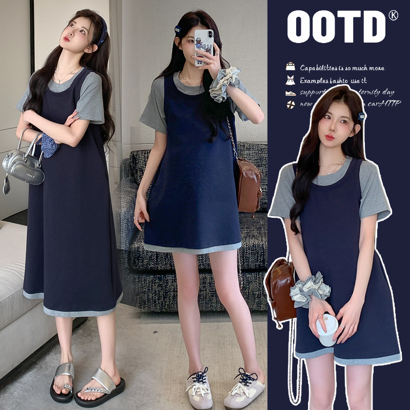 Maternity Dress Summer 2025 New Style Loose Casual Cool Cotton Two-Piece T-Shirt Long Dress for Petite Pregnant Women