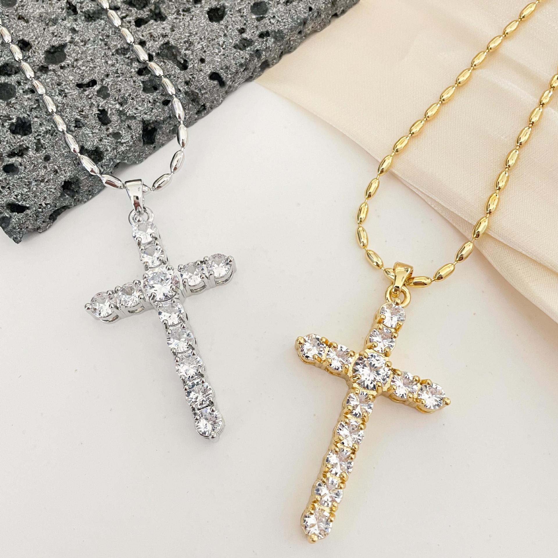 Cross Pattern Unisex Gender Copper Ball Chain Plating Cross Zircon Pendant Necklace