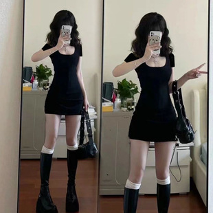 Petite Short-Sleeve Dress for Women, Summer U-Neck, Figure-Flattering, Sexy, Tight-Fitting, Waist-Slimming, Body-Hugging Mini Dress