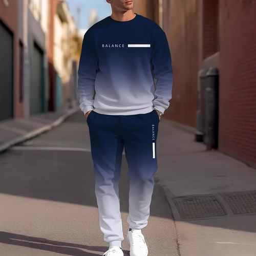 Fashion 3D Printed Sporty Casual Sweatshirt and Pants Set for Men - Autumn Round Neck Simple Letter Print with Gradient Design