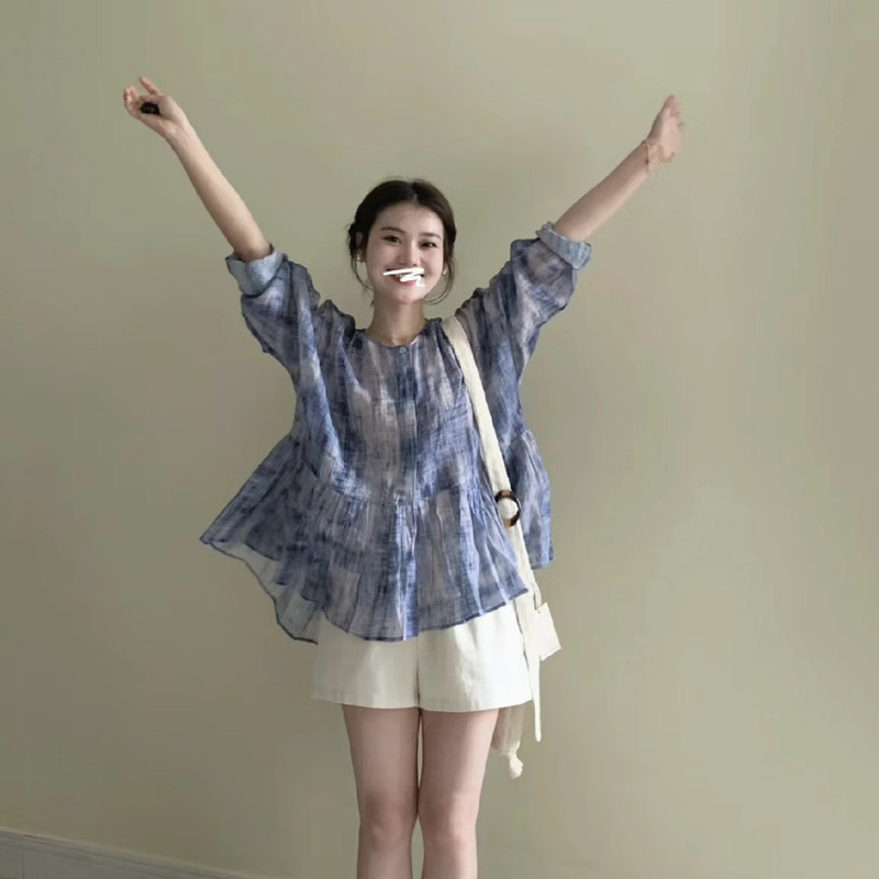 2026 Summer New Product【Wave Top】Fluid Ramie Print Flowy Large Hem Shirt Top for Women