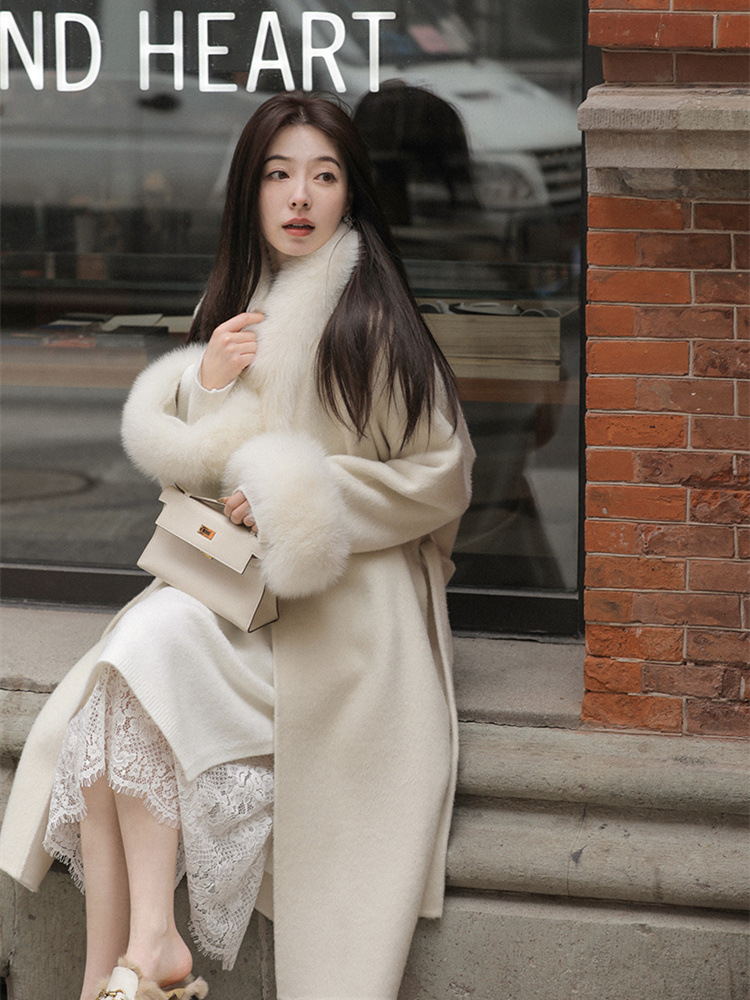スノーフォックスコート 25 秋冬新フォックスファー V ネック両面カシミヤウールコート女性のミッドレングスの気質コート