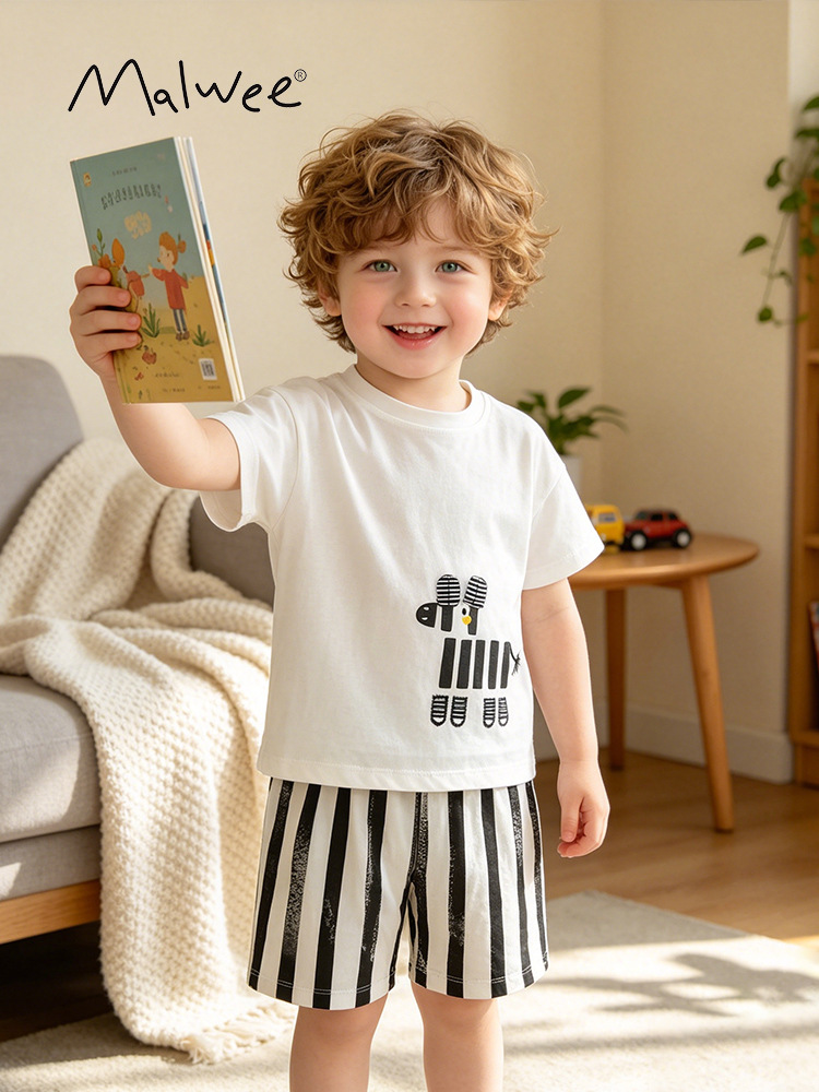 Malkw transfronterizo verano nuevo modelo europeo y americano delgado ropa infantil set infantil encantador impresión niño y medio set hombre casual