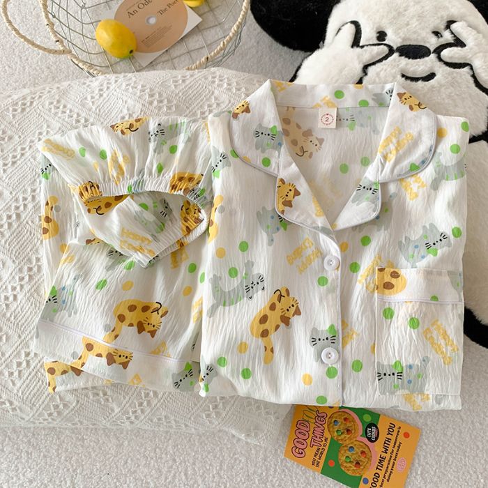 Al por mayor transfronterizo verano nuevo cardigán de dibujos animados nubes de algodón pijama de manga corta conjunto de ropa dulce de mujer se puede usar fuera