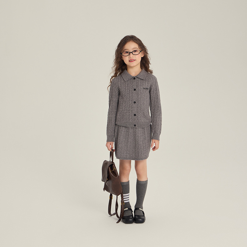 Wuxing Yibo Clothing Girls' Korean Style College Style Knitted Suit Twist Sweater Cardigan Skirt 2-Piece Set