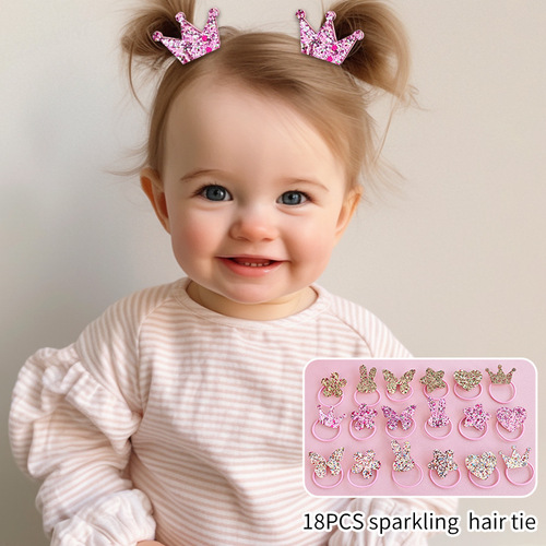 18-piece children's hair rope set, glitter Glitter rubber band, love butterfly, flower, star, rabbit crown headband