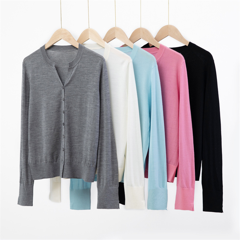 60 Pct Superfine Yangtze Yarn Pure Wool Cardigan Jacket V-Neck 2024 Early Autumn Sweater Long Sleeve Thin Machine Washable