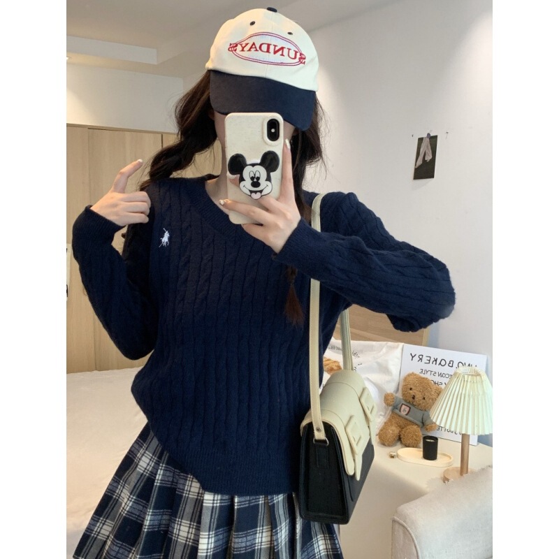 韓国風麻花Vネック無地プルオーバー長袖ニットセーター女性用刺繍入り秋冬トップスins風|undefined