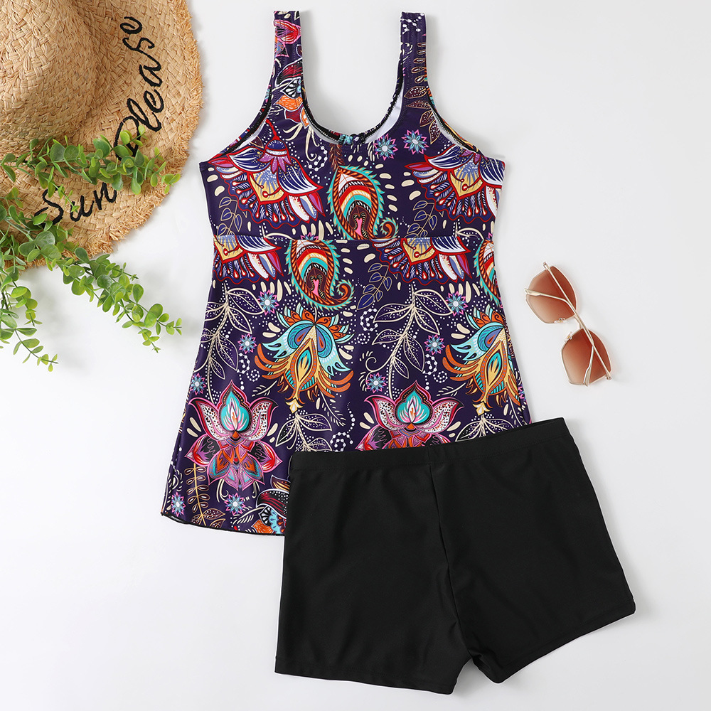 2023 New Split Bikini Digital Printed Flat Corner Pants Drawstring Gathering Swimwear for Women_voghion.com