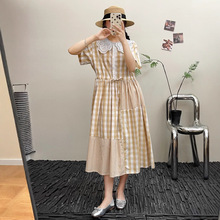 2025夏季新品 日系森女系甜美娃娃领蕾丝系带收腰短袖连衣裙女装