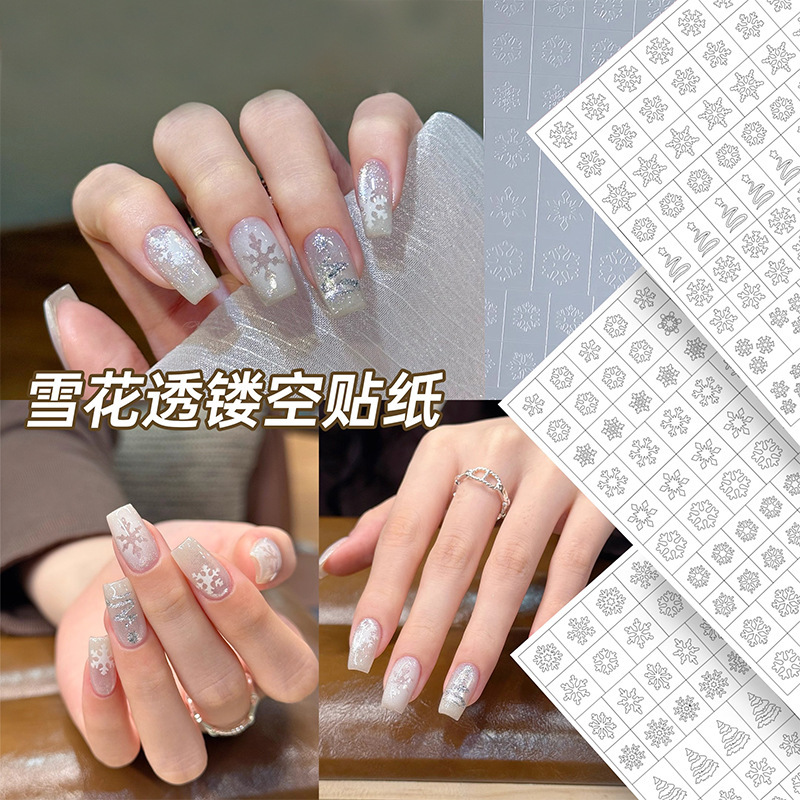 Transparent Snowflake Christmas Cut Out French Sticker Nail Art Sticker Fireworks Crow Heart Spray Painting Template Pat Glue Auxiliary Sticker