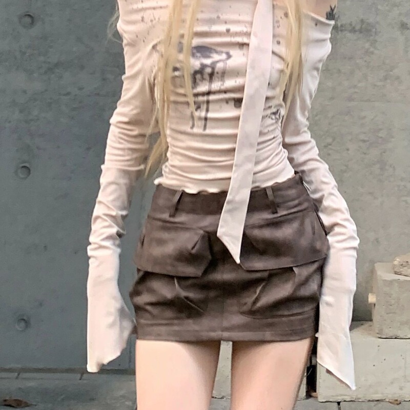 [40 Count 92 Cotton] Autumn Maillard Ink Splashed Long Sleeve Top Women's Thin Style with Pure Desire Hot Girl One Shoulder