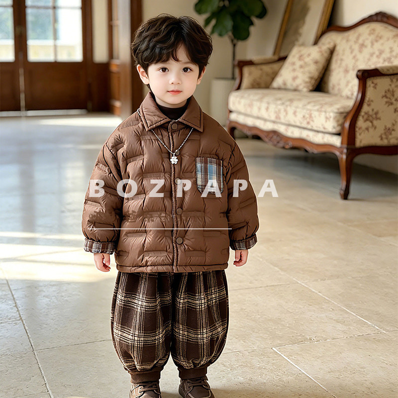 2026 Winter New Style Boys' Plaid Patchwork Down Coat, Soft and Comfortable for Kids and Babies, Reversible Down