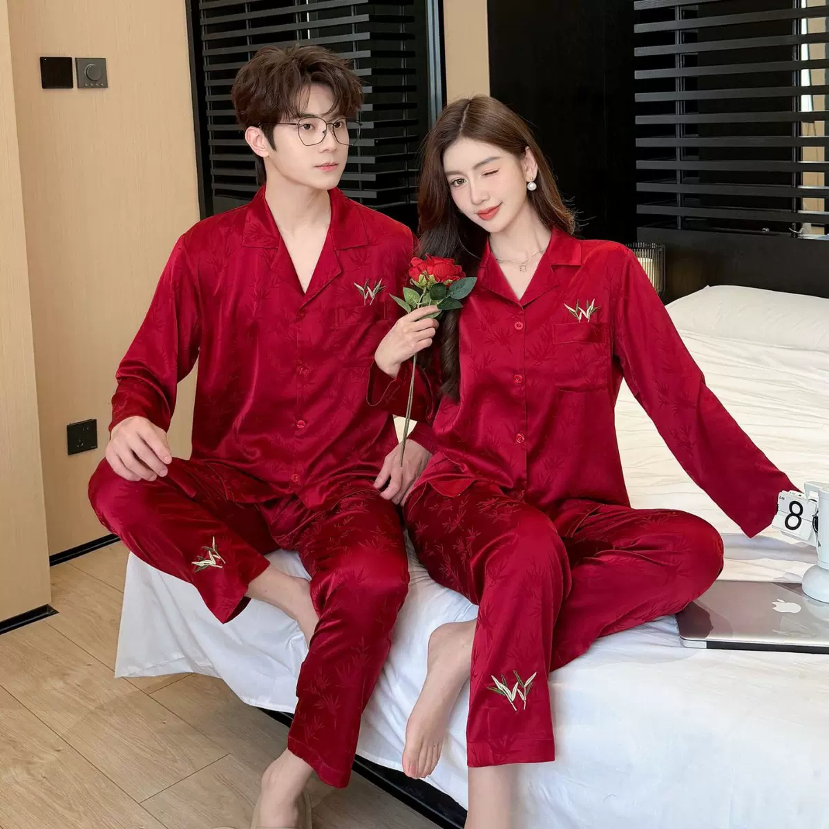 结婚睡衣情侣大红春秋竹叶高档婚用新婚陪嫁喜庆套装家居服1179