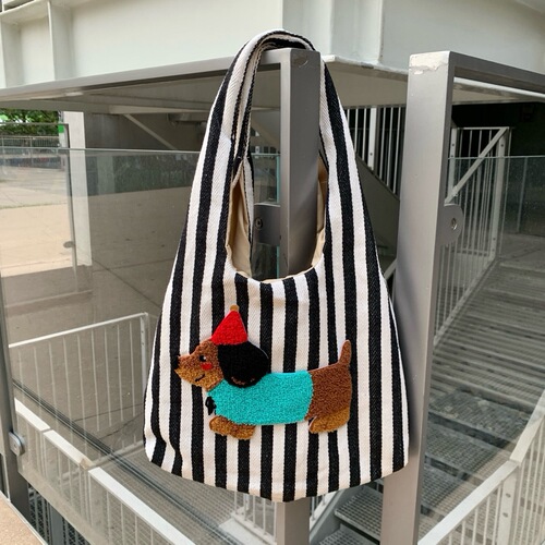 Korean-style artistic handbag, minimalist, fresh and clean striped canvas tote bag, casual and fashionable, large capacity, single-shoulder women's bag