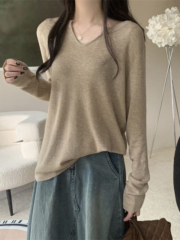 小香风灰色长袖V领T恤女秋冬季甜美显瘦打底衫宽松百搭针织衫上衣|undefined