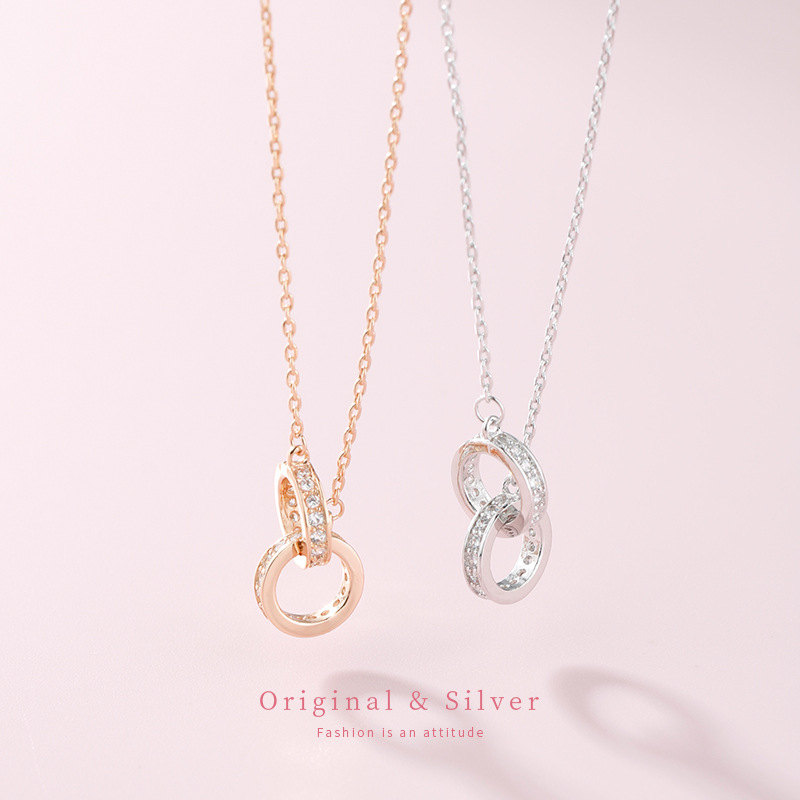 S925 Sterling Silver Double ring Bicyclic Necklace Simplicity ins Singapore girl student Necklace 520 gift