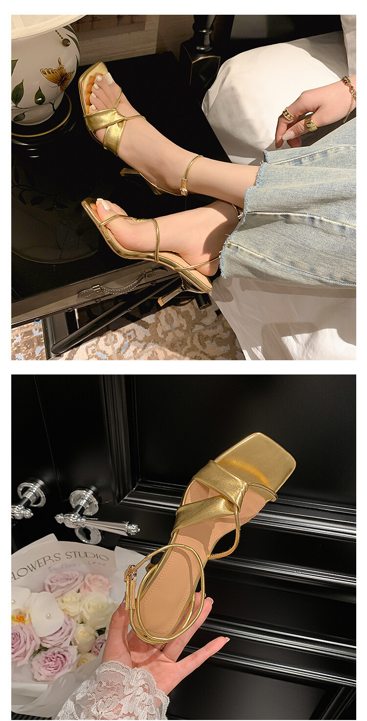 Sandal cao gót nữ hở mũi quai khóa cổ chân gót nhọn 9 cm — Màu vàng, Màu trắng be, Màu bạc chi tiết 17