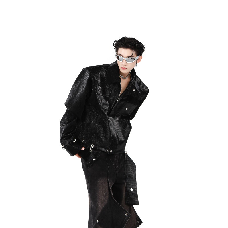 2024 Original Niche Crocodile Shoulder Pad PU Leather Jacket Stitching Design Sense Jacket Senior Top Men