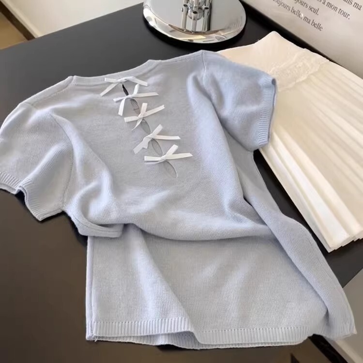 ブルーリボン刺繍薄手ニット半袖Tシャツレディース2025夏新作中空ショルダートップ|undefined