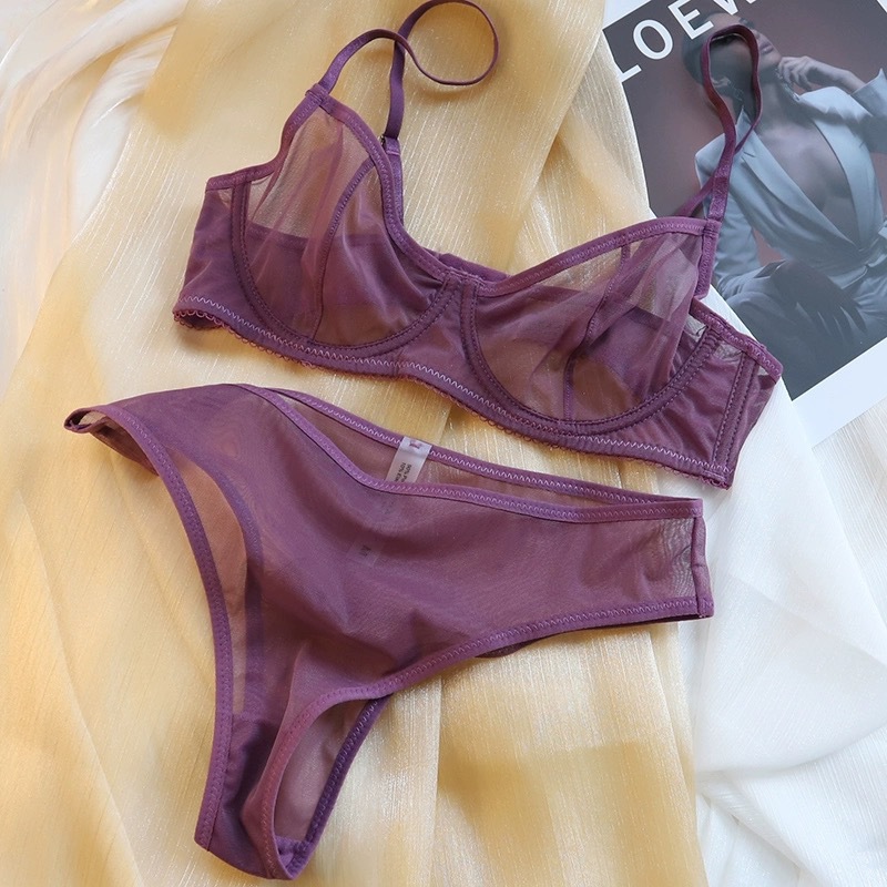 프렌치 초박형 섹시 속옷 메쉬 시스루 순수 욕망 언더와이어 푸시업 크로스보더 브라 팬티 세트