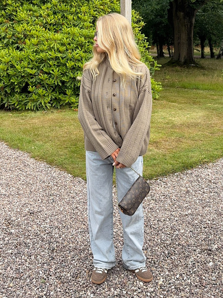 Áo cardigan len dệt kim cổ tròn dáng rộng tay dài nữ — màu vàng, màu xám nhạt chi tiết 34
