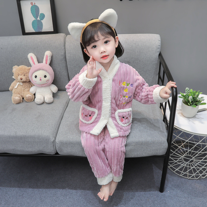 Niños pijamas de franela otoño e invierno las niñas lana coral engrosada bebé caliente dibujos animados niños homewear traje