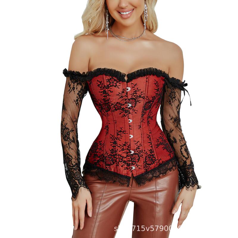 Classic Court-Style Fishbone Corset, Elegant and Sexy Long-Sleeved Corset with Front Buttons and Back Lacing, Off-The-Shoulder Design Classic Court-Style Fishbone Corset, Elegant and Sexy Long-Sleeved Corset with Front Buttons and Back Lacing, Off-The-Shoulder Design