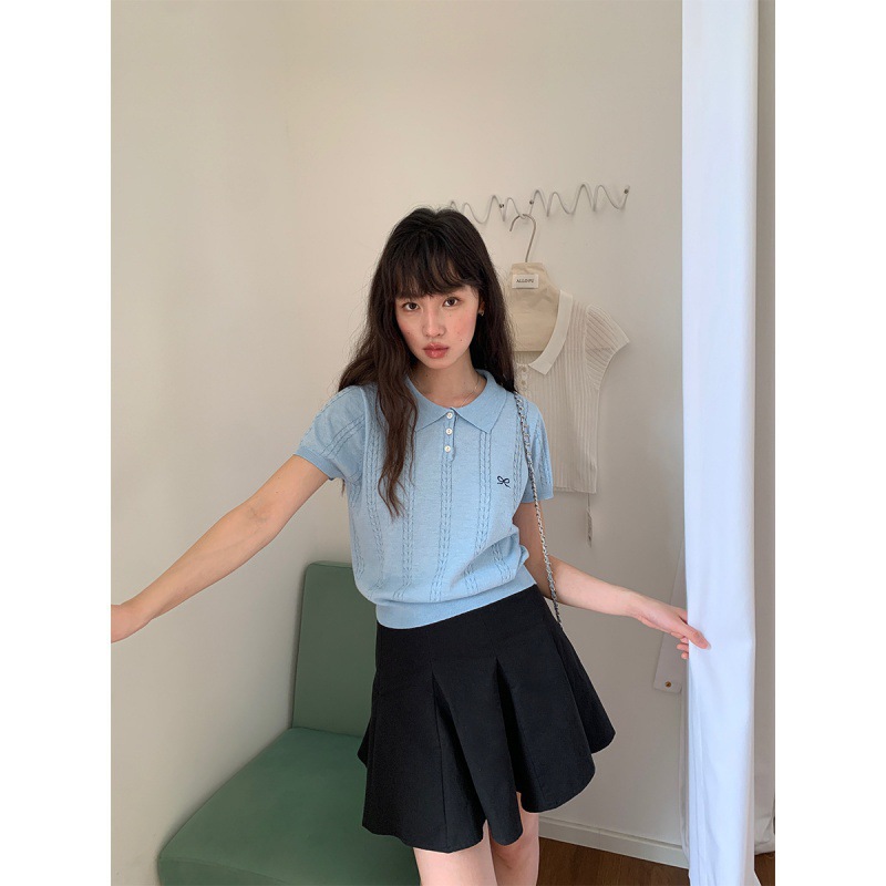French Short-Sleeved Knitwear Women's High-End Summer New Korean T-Shirt Slimming Look Ice Silk Polo Top