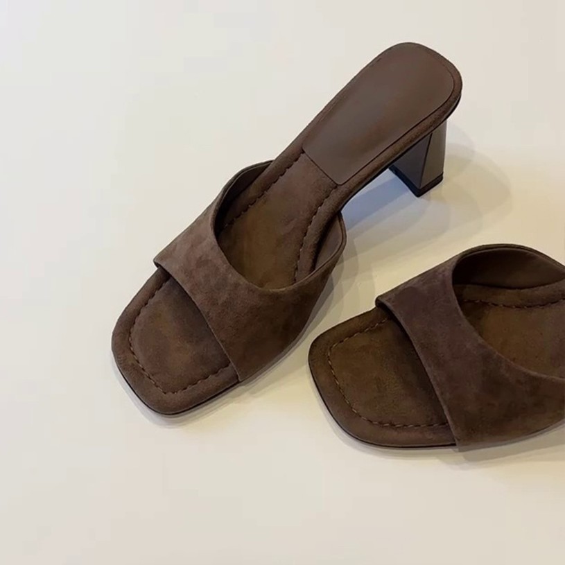 Sheepskin Version~French Style High Open Square Toe Summer Outdoor Simple Convenient Slip-On Chunky Heel Versatile_vogvips.com