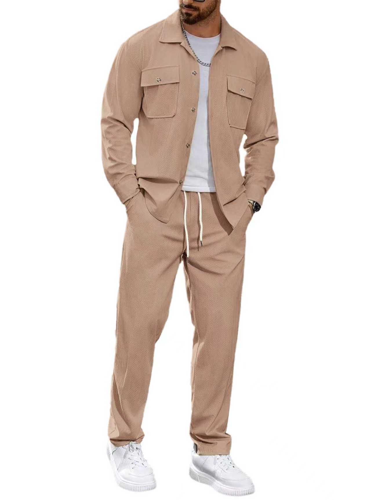 Transfronterizos Europa y América Amazon hombre deporte casual dos piezas simple botón chaqueta con la solapa de bolsillo conjunto de pantalones