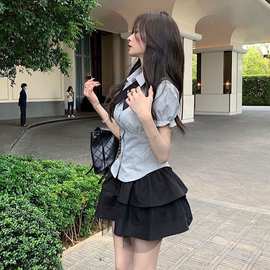 夏季新款jk制服女学院风修身收腰上衣泡泡短袖衬衣半身蓬蓬短裙云