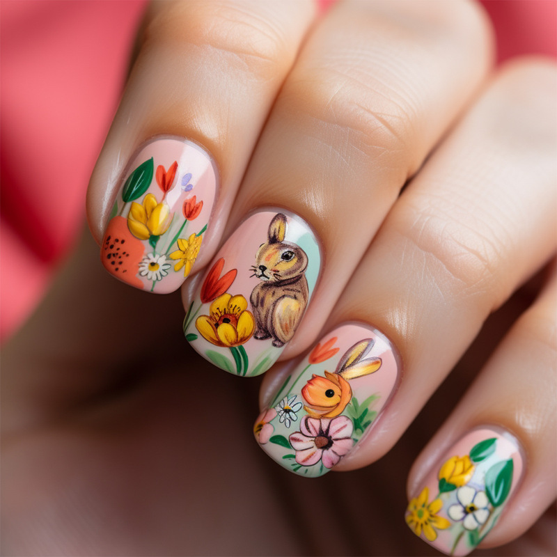 Abstract Graffiti Design Spring Flowers Easter Bunny Short Square Fake Nails Cross Border Finished Nail Art Nail Patch