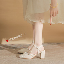 玛丽珍鞋春季新款浅口尖头高跟粗跟仙女风包头凉鞋加肥加宽大码