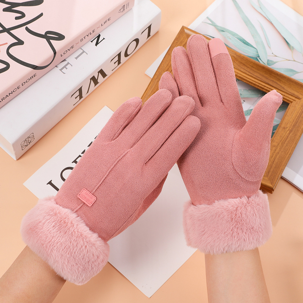 Guantes de gamuza de otoño e invierno guantes de pantalla táctil cálidos para mujer imitación boca de piel de conejo Rex forrada de lana gruesa a prueba de frío guantes