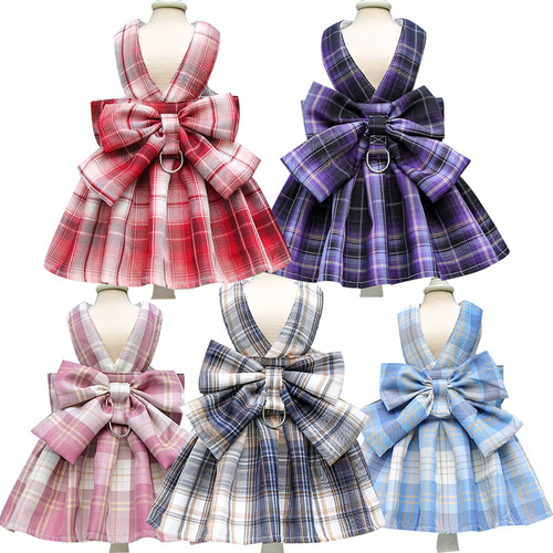Pet dog cat plaid vest traction clothes Teddy outing skirt harness dog walking rope supplies