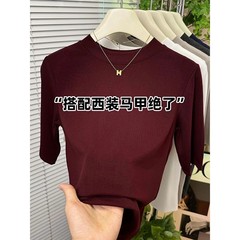 欧货时尚正肩基础款体恤女早秋爆款安可拉红五分袖半高领t恤上衣
